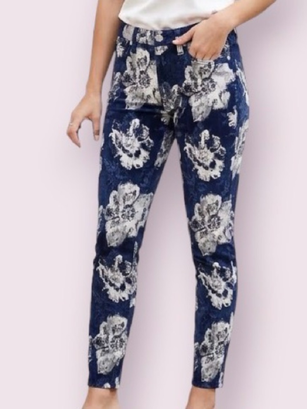 7 For All Mankind Floral Jacquard Skinny Ankle Jeans Navy Blue & White Size 27